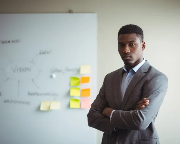 portrait of businessman standing with arms crossed in office